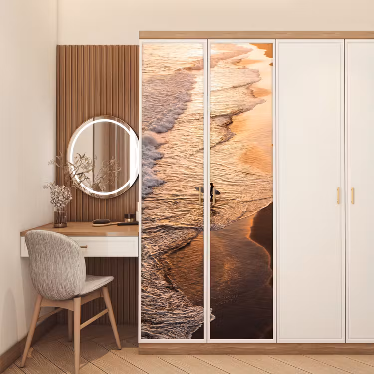 Deursticker - Surfer - Strand - Zonsondergang - Oceaan - Goud — 5