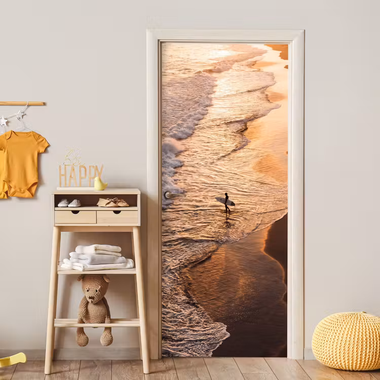 Deursticker - Surfer - Strand - Zonsondergang - Oceaan - Goud — 6