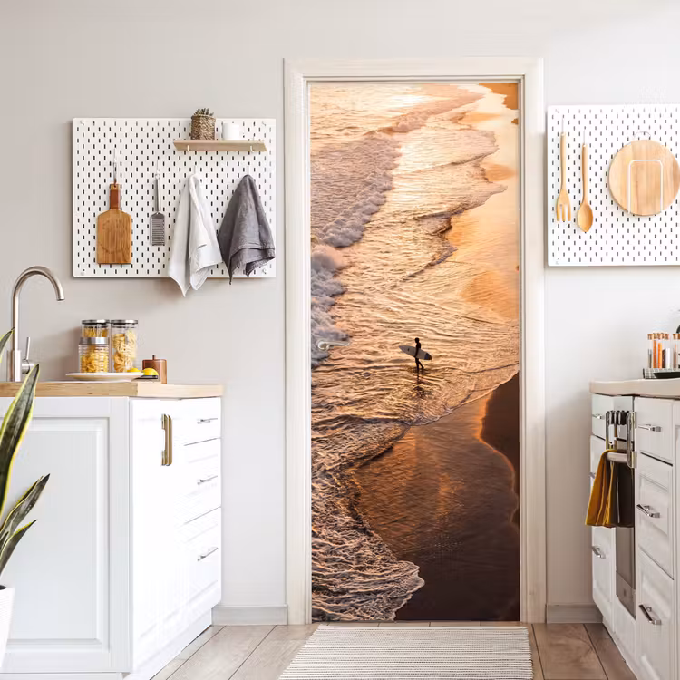 Deursticker - Surfer - Strand - Zonsondergang - Oceaan - Goud — 7