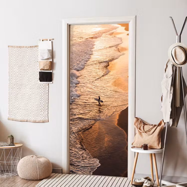 Deursticker - Surfer - Strand - Zonsondergang - Oceaan - Goud — 8