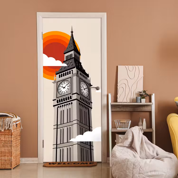 Deursticker - Toren - Klok - Londen - Architectuur - Retro — 2