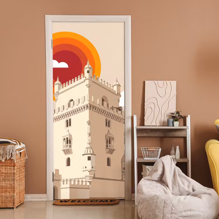 Deursticker - Toren - Rivier - Architectuur - Modern - Oranje — 2