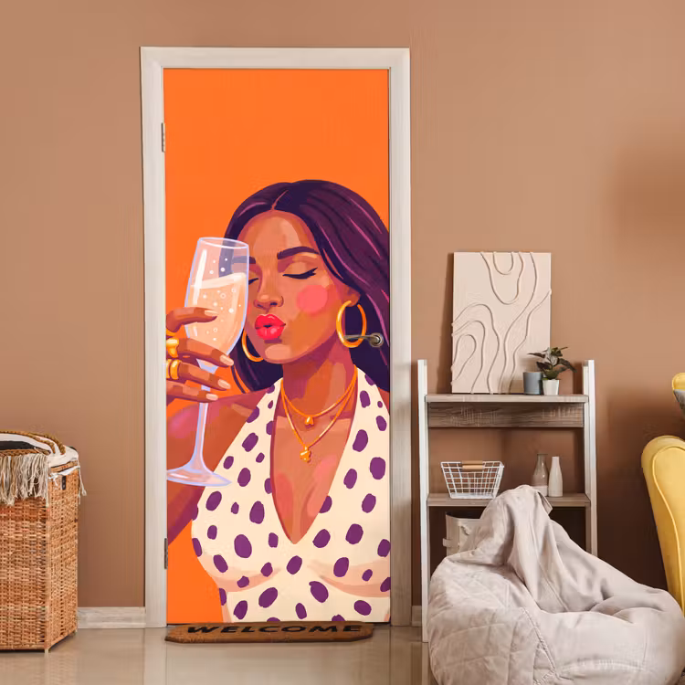 Deursticker - Vrouw - Champagne - Feest - Modern - Oranje — 2