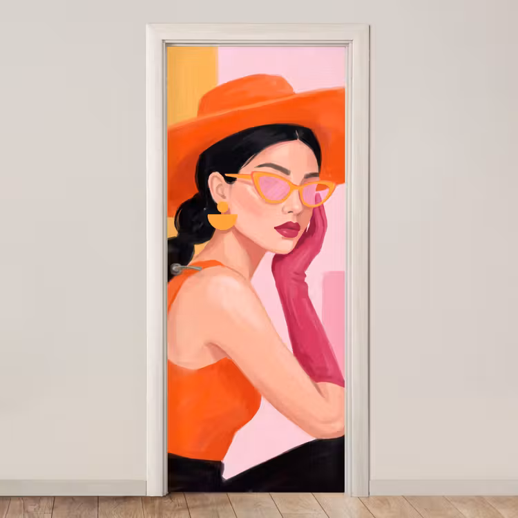 Deursticker - Vrouw - Hoed - Mode - Modern - Oranje — 1