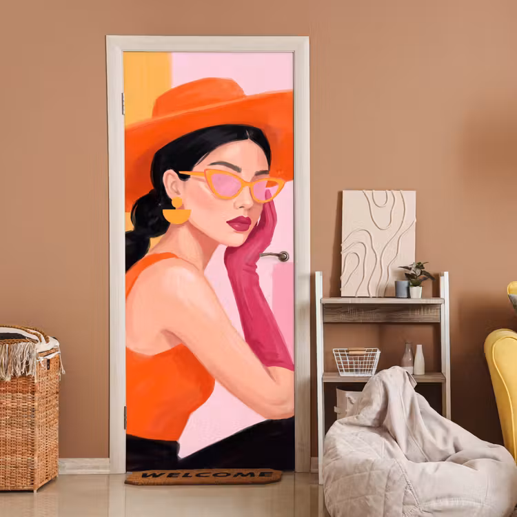 Deursticker - Vrouw - Hoed - Mode - Modern - Oranje — 2