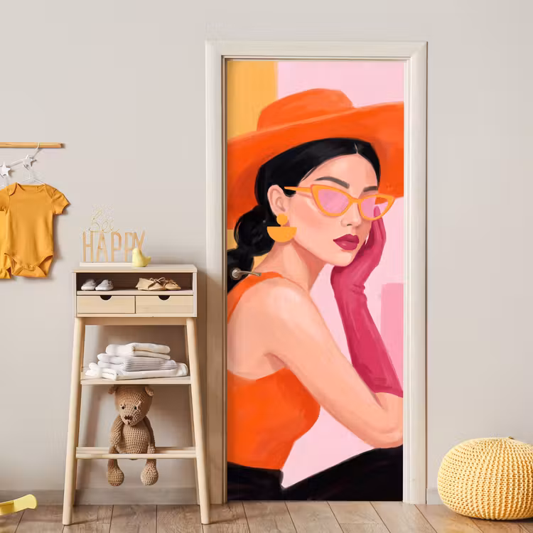 Deursticker - Vrouw - Hoed - Mode - Modern - Oranje — 6