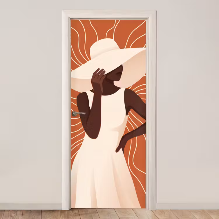 Deursticker - Vrouw - Hoed - Portret - Modern - Beige — 1