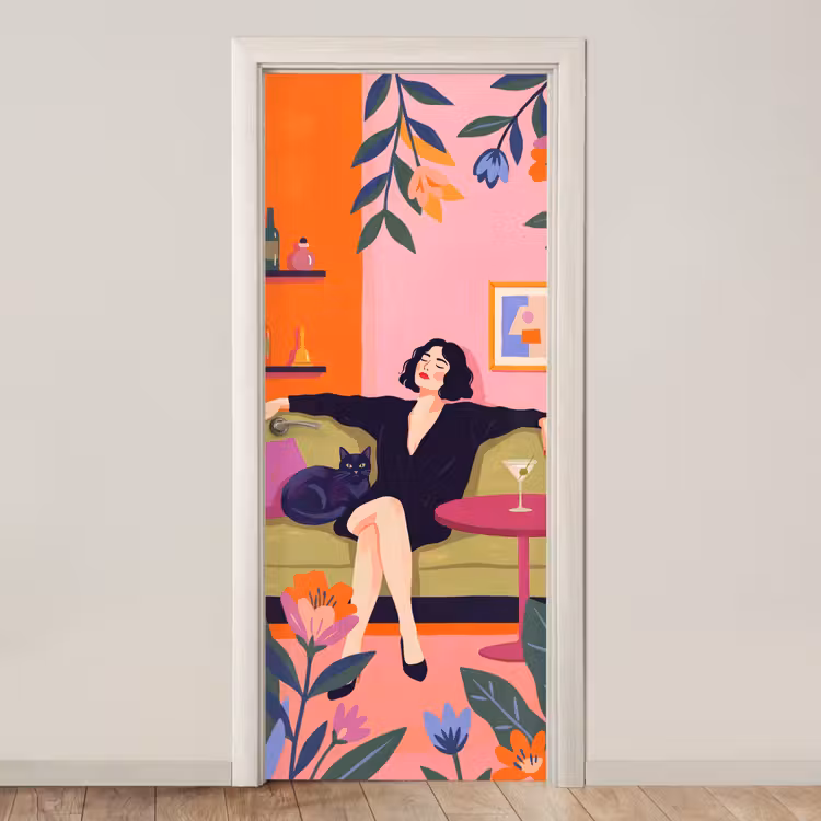 Deursticker - Vrouw - Kat - Interieur - Modern - Kleurrijk — 1