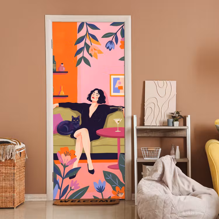 Deursticker - Vrouw - Kat - Interieur - Modern - Kleurrijk — 2