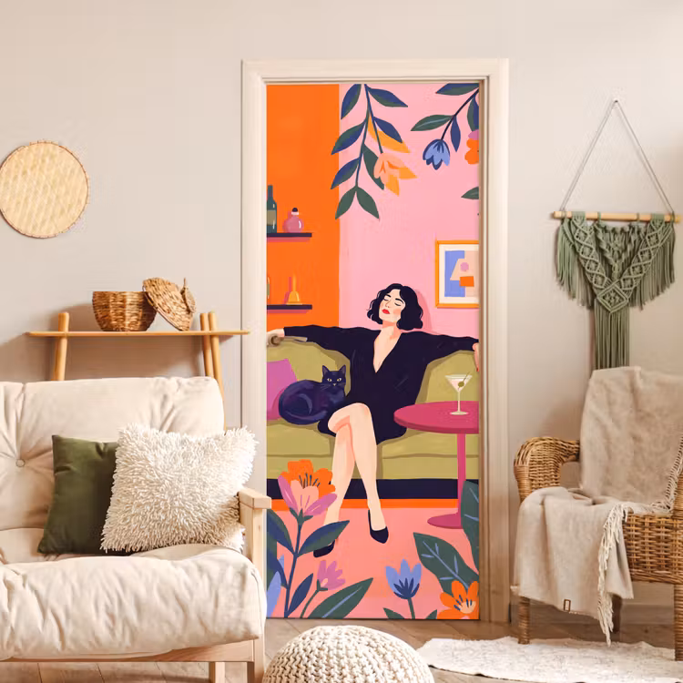 Deursticker - Vrouw - Kat - Interieur - Modern - Kleurrijk — 4