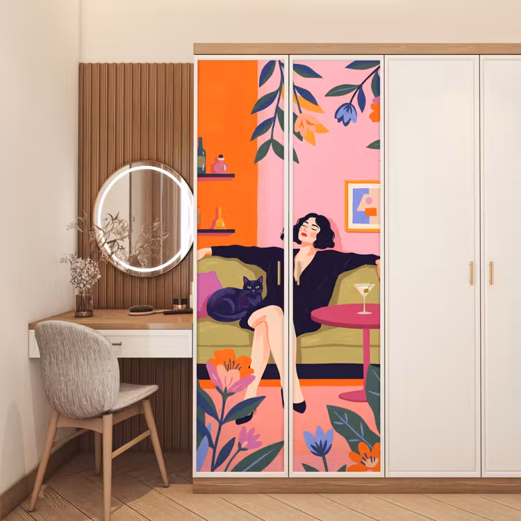 Deursticker - Vrouw - Kat - Interieur - Modern - Kleurrijk — 5