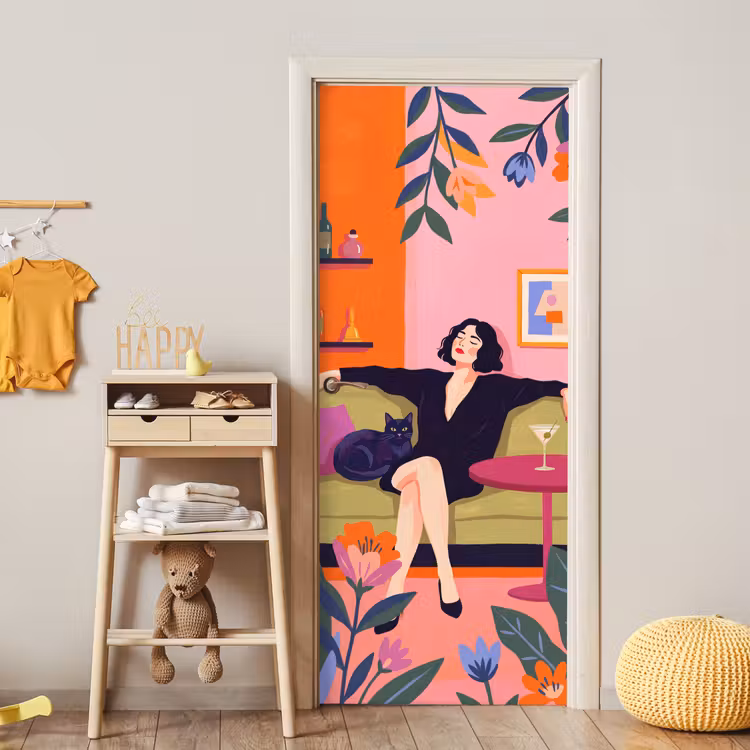 Deursticker - Vrouw - Kat - Interieur - Modern - Kleurrijk — 6