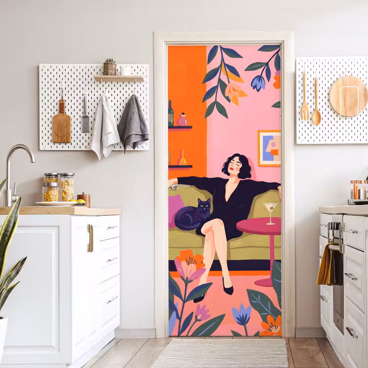 Deursticker - Vrouw - Kat - Interieur - Modern - Kleurrijk — 7