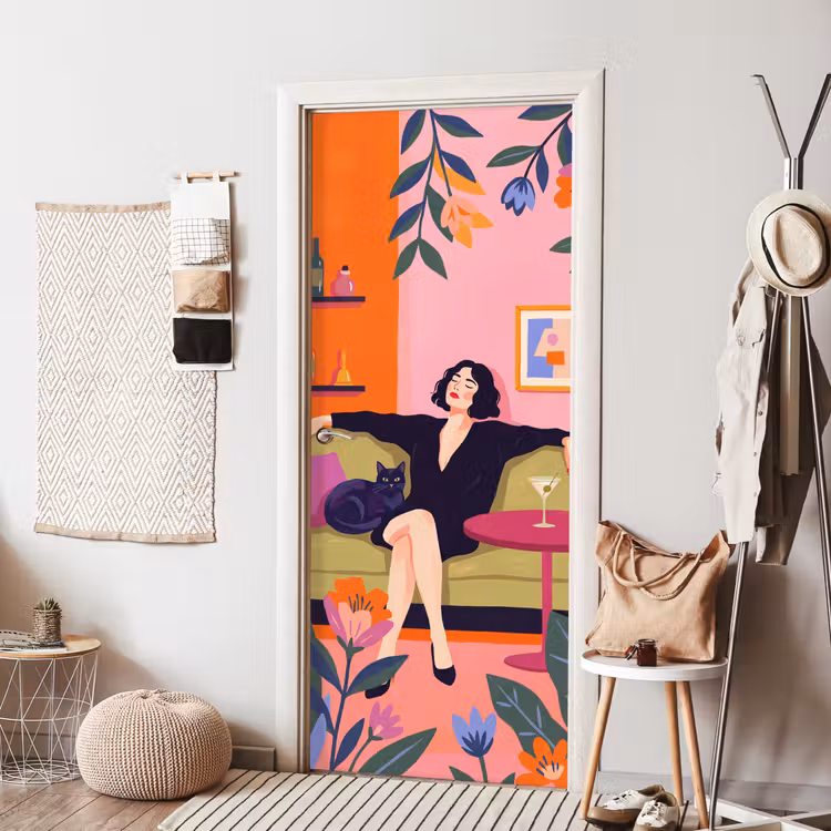Deursticker - Vrouw - Kat - Interieur - Modern - Kleurrijk — 8
