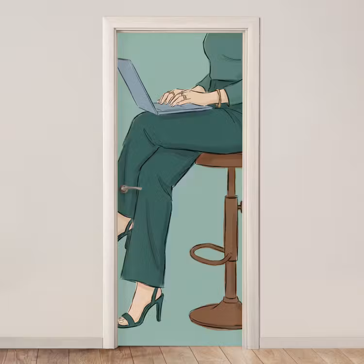 Deursticker - Vrouw - Laptop - Zittend - Illustratie - Groen — 1