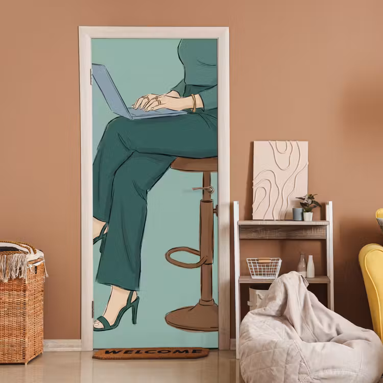 Deursticker - Vrouw - Laptop - Zittend - Illustratie - Groen — 2