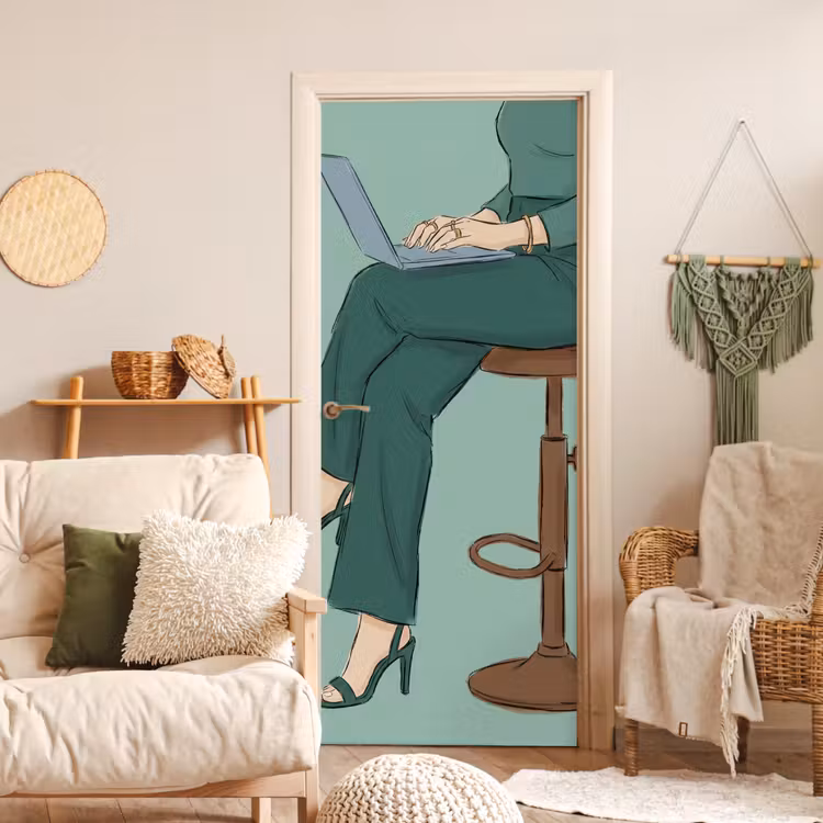 Deursticker - Vrouw - Laptop - Zittend - Illustratie - Groen — 4