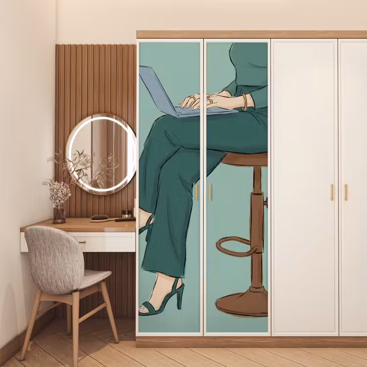 Deursticker - Vrouw - Laptop - Zittend - Illustratie - Groen — 5