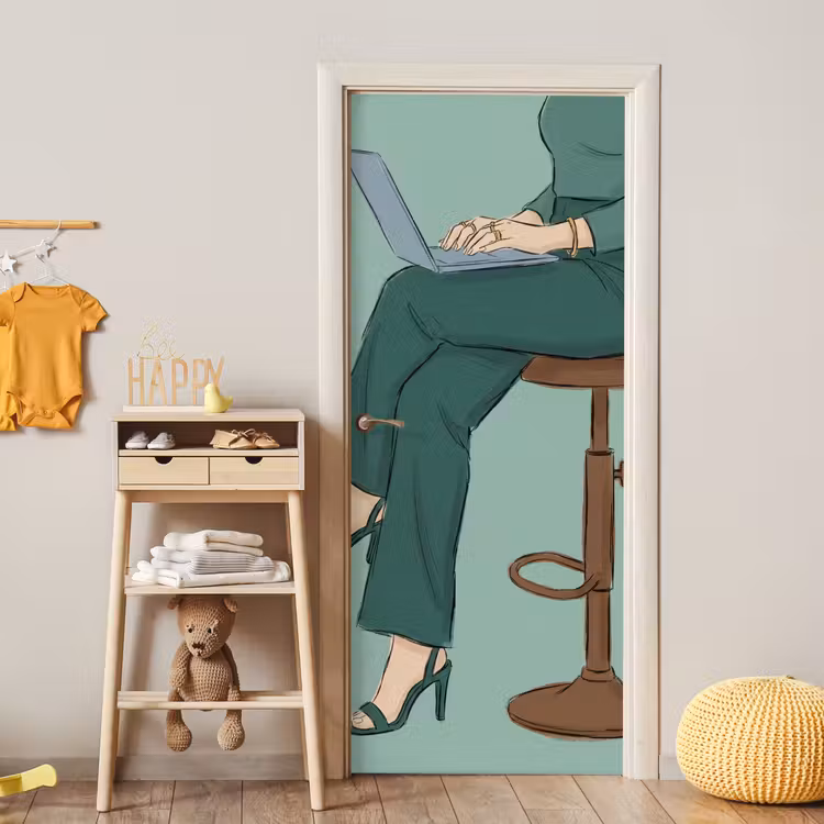 Deursticker - Vrouw - Laptop - Zittend - Illustratie - Groen — 6
