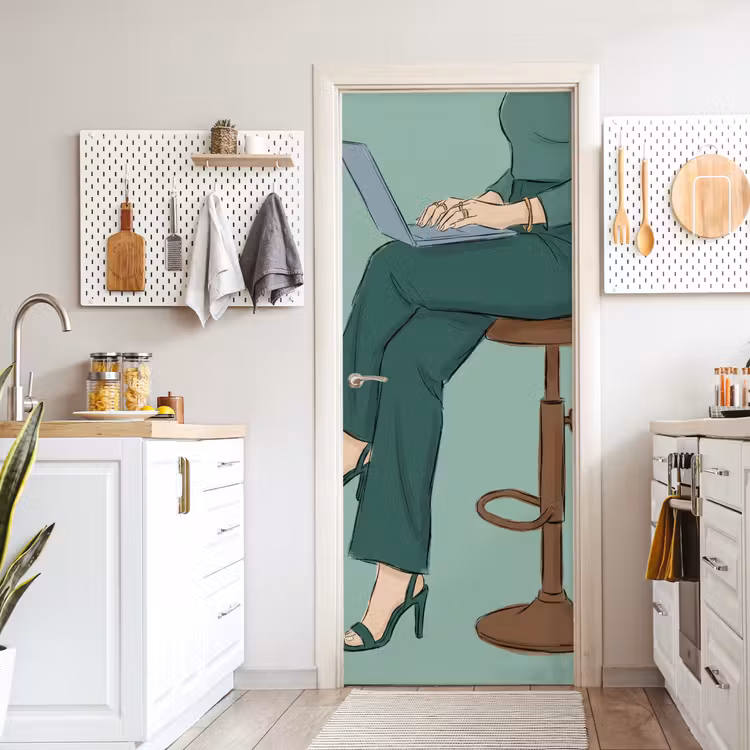 Deursticker - Vrouw - Laptop - Zittend - Illustratie - Groen — 7