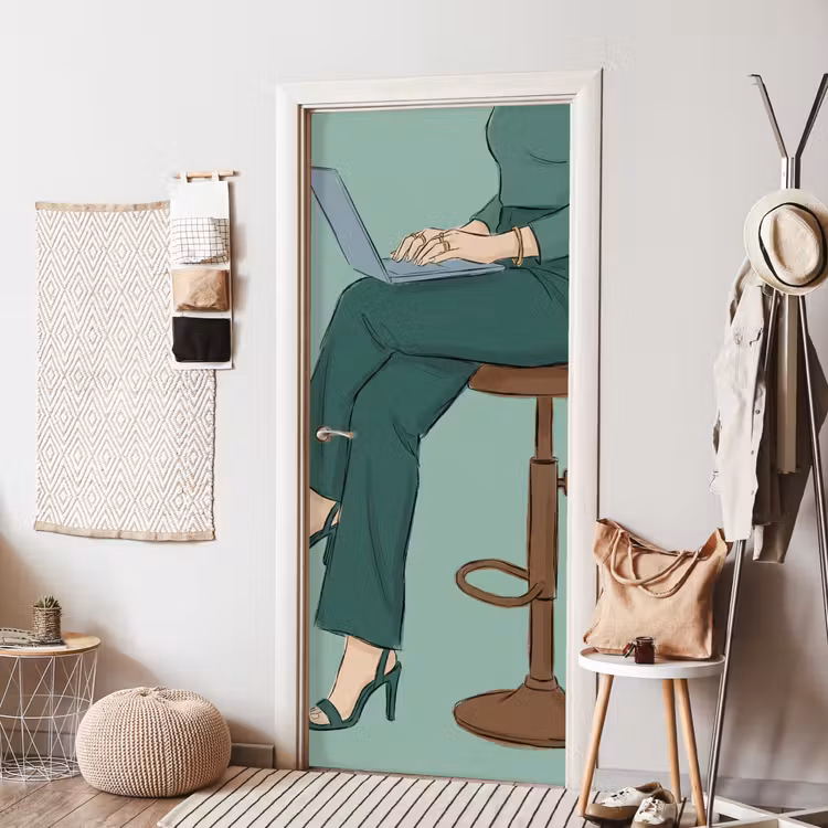 Deursticker - Vrouw - Laptop - Zittend - Illustratie - Groen — 8
