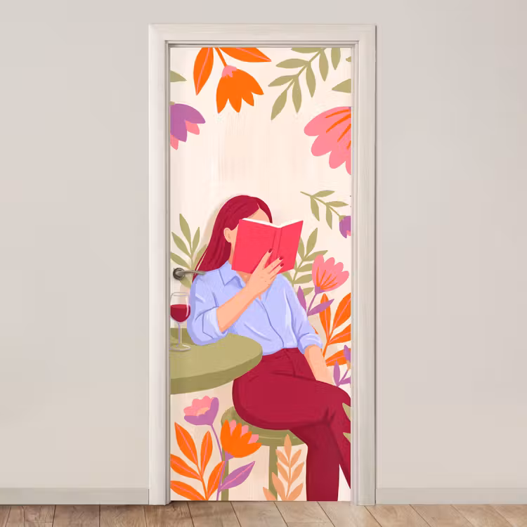 Deursticker - Vrouw - Lezen - Thuis - Modern - Bloemen — 1