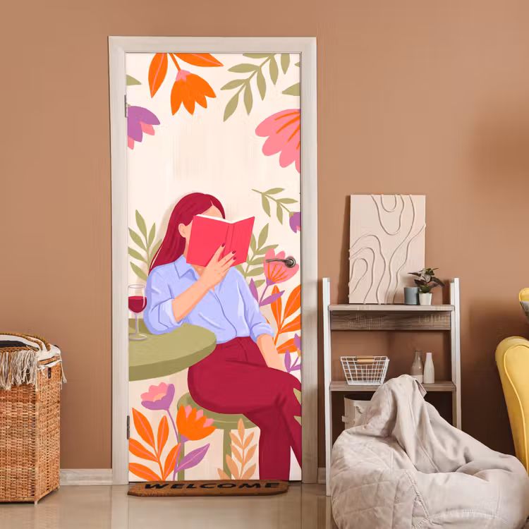 Deursticker - Vrouw - Lezen - Thuis - Modern - Bloemen — 2