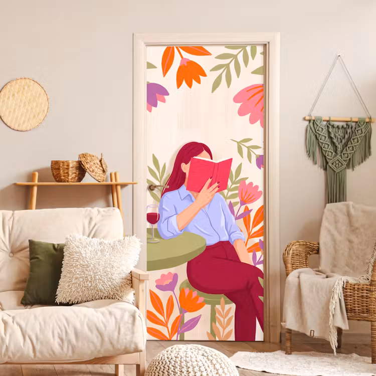 Deursticker - Vrouw - Lezen - Thuis - Modern - Bloemen — 4