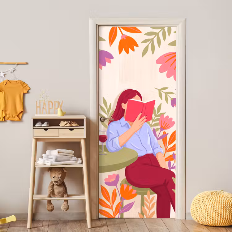Deursticker - Vrouw - Lezen - Thuis - Modern - Bloemen — 6