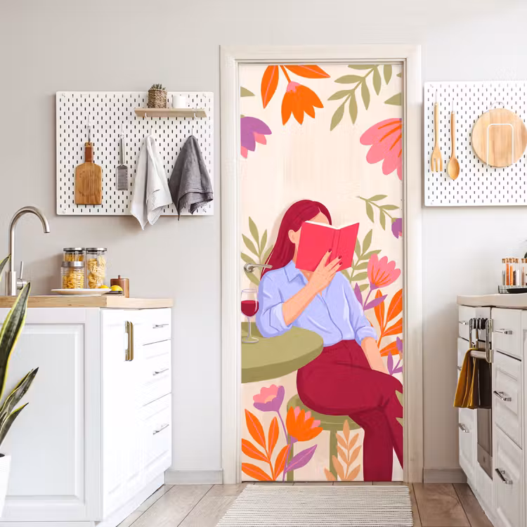 Deursticker - Vrouw - Lezen - Thuis - Modern - Bloemen — 7