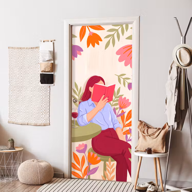 Deursticker - Vrouw - Lezen - Thuis - Modern - Bloemen — 8