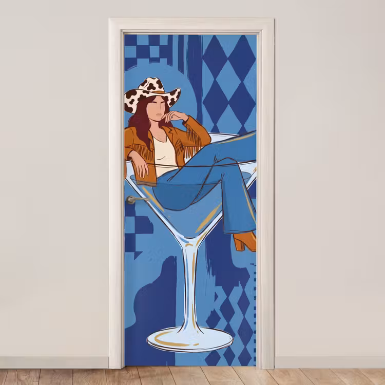 Deursticker - Vrouw - Martini glas - Abstract - Blauw - Kunst — 1