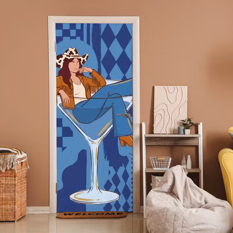 Deursticker - Vrouw - Martini glas - Abstract - Blauw - Kunst — 2