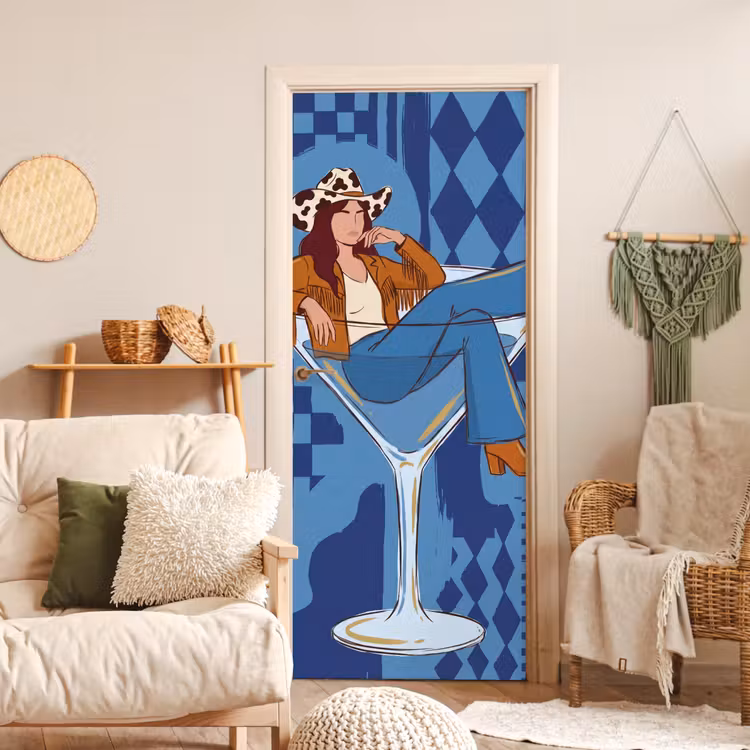 Deursticker - Vrouw - Martini glas - Abstract - Blauw - Kunst — 4