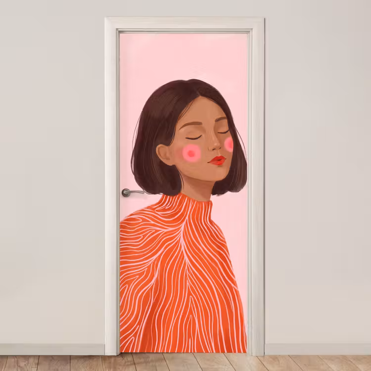 Deursticker - Vrouw - Portret - Modern - Kunst - Roze — 1