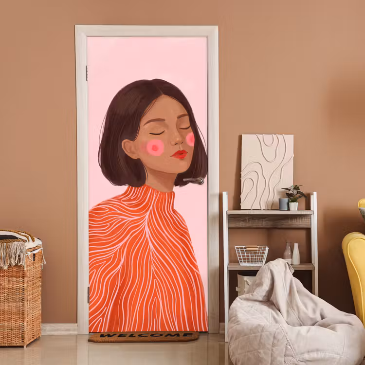 Deursticker - Vrouw - Portret - Modern - Kunst - Roze — 2