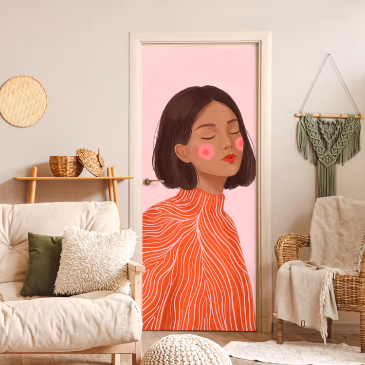 Deursticker - Vrouw - Portret - Modern - Kunst - Roze — 4