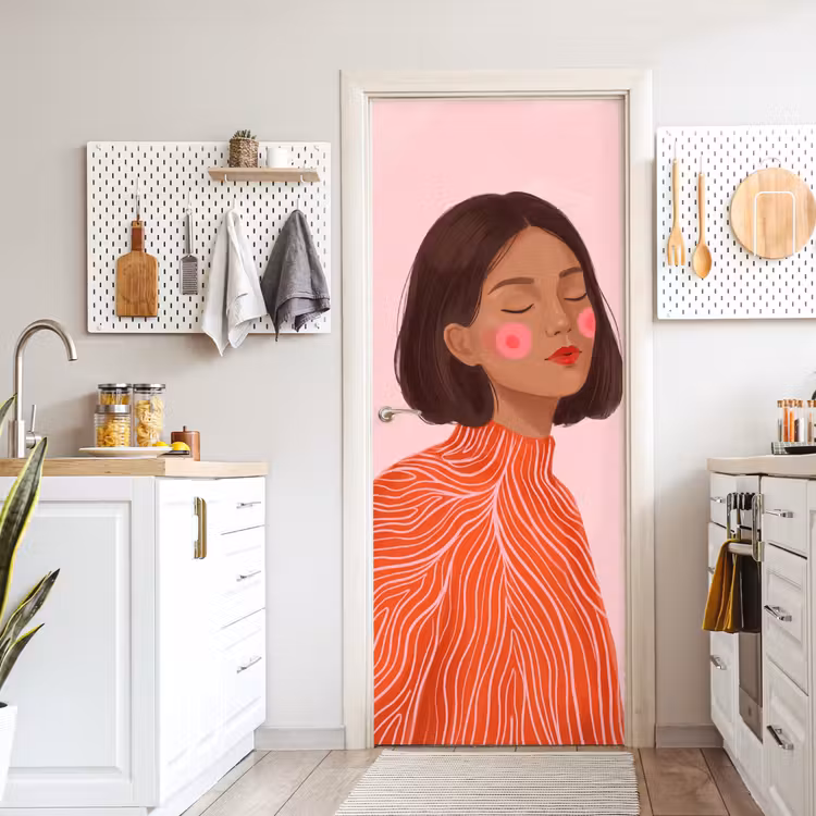 Deursticker - Vrouw - Portret - Modern - Kunst - Roze — 7