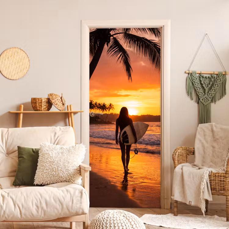 Deursticker - Vrouw - Surfplank - Strand - Zonsondergang - Oranje — 4