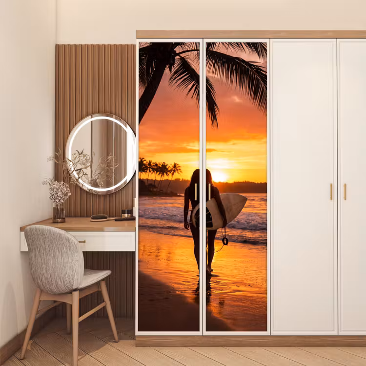 Deursticker - Vrouw - Surfplank - Strand - Zonsondergang - Oranje — 5