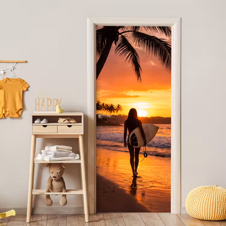 Deursticker - Vrouw - Surfplank - Strand - Zonsondergang - Oranje — 6