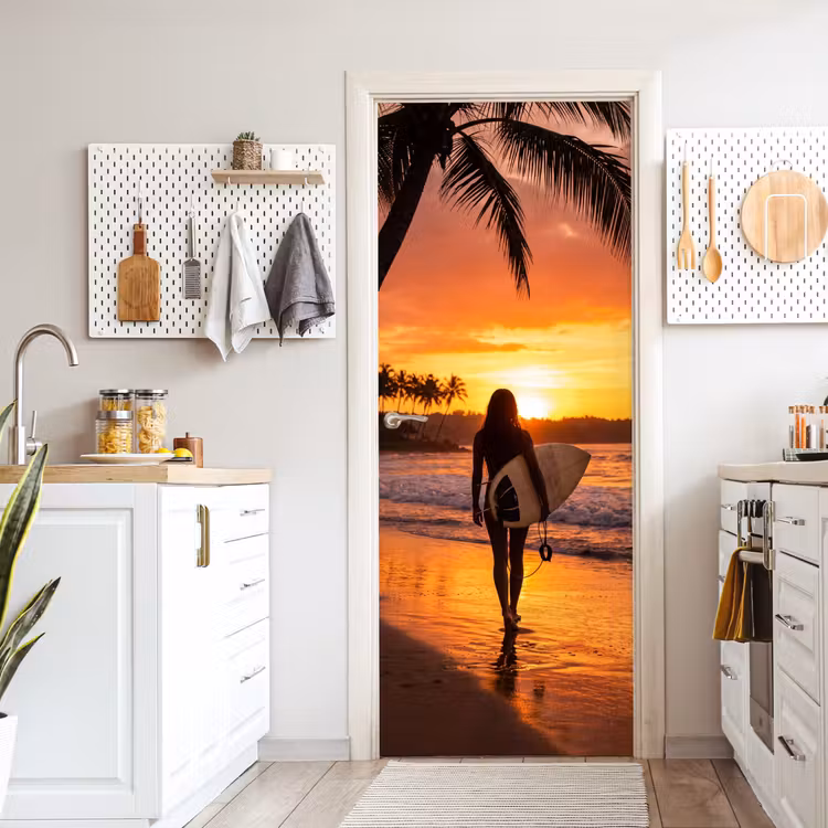 Deursticker - Vrouw - Surfplank - Strand - Zonsondergang - Oranje — 7