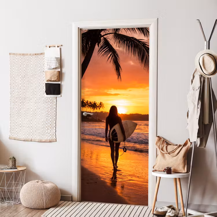 Deursticker - Vrouw - Surfplank - Strand - Zonsondergang - Oranje — 8