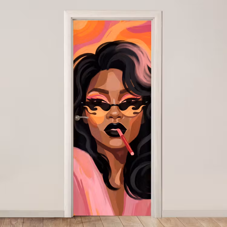 Deursticker - Vrouw - Zonnebril - Modern - Portret - Oranje — 1