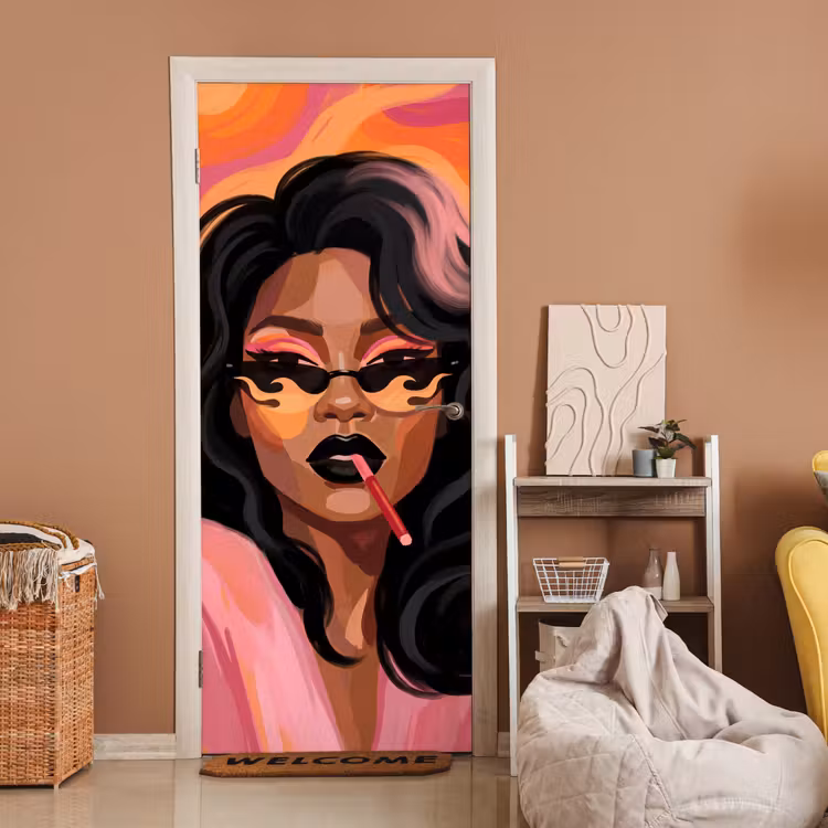 Deursticker - Vrouw - Zonnebril - Modern - Portret - Oranje — 2