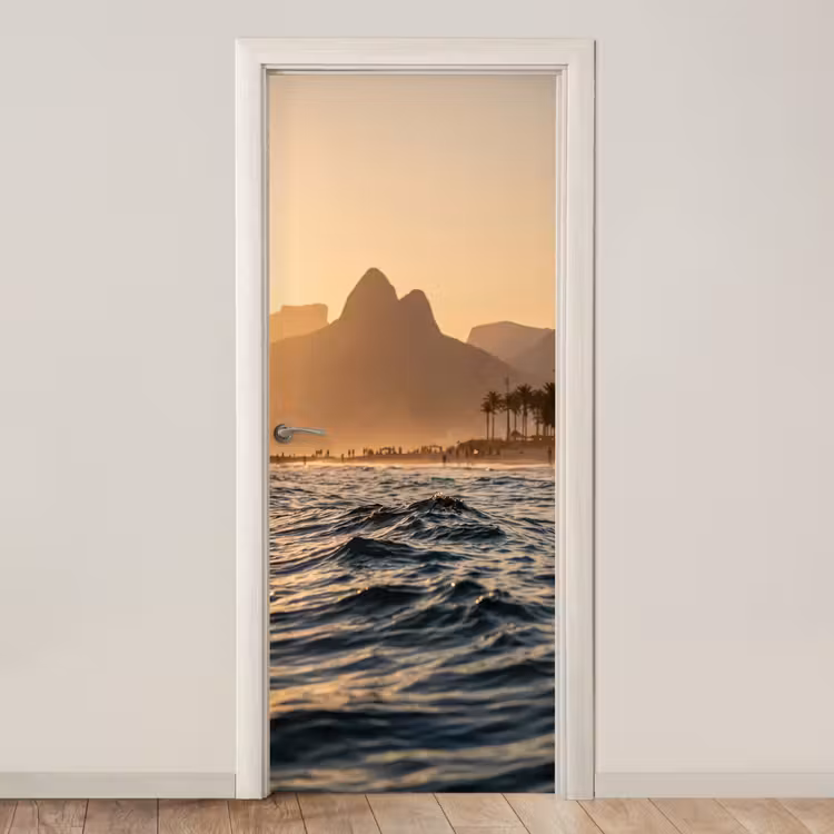 Deursticker - Zee - Golven - Zonsondergang - Kust - Goud — 1