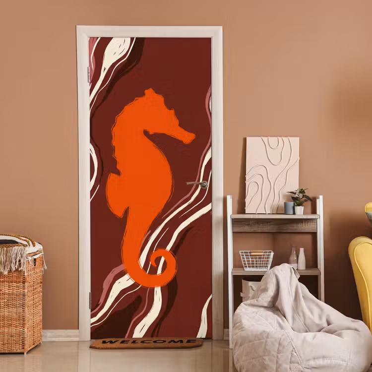 Deursticker - Zeepaardje - Golven - Zeeleven - Abstract - Oranje — 2