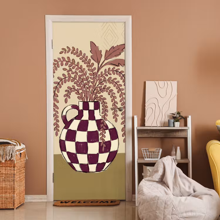 Deursticker - Vaas - Geruit - Planten - Modern - Paars — 2