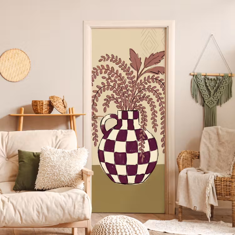 Deursticker - Vaas - Geruit - Planten - Modern - Paars — 4