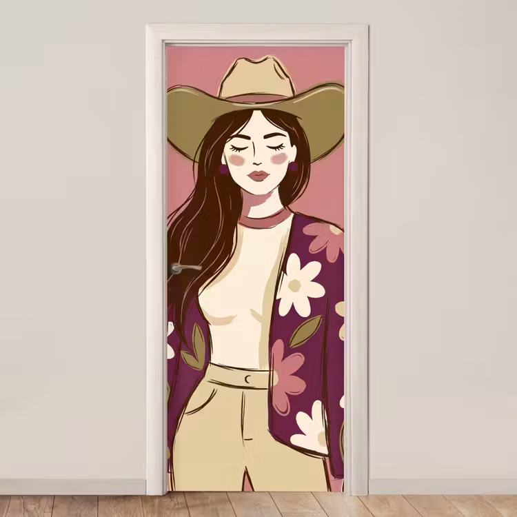 Deursticker - Vrouw - Hoed - Portret - Illustratie - Roze — 1